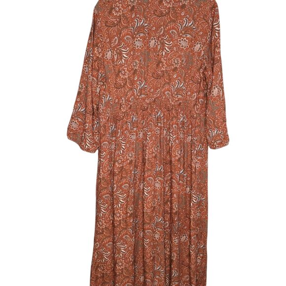 J. Jill Maxi Dress XL Orange Floral Paisley Ruffle V Neck Boho Quarter Button - Picture 2 of 3